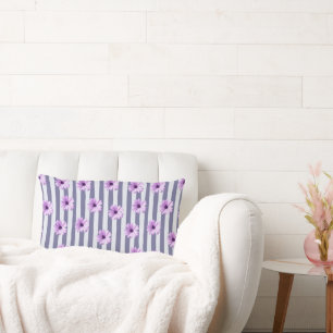 Striped Pattern with Purple Daisies Lumbar Cushion