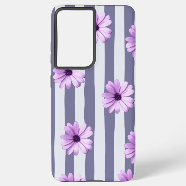 striped pattern with purple daisies samsung galaxy s21 ultra case (Back)