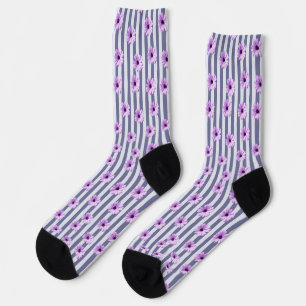 striped pattern with purple daisies socks