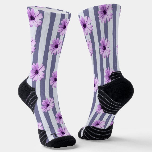 striped pattern with purple daisies socks (Angled)