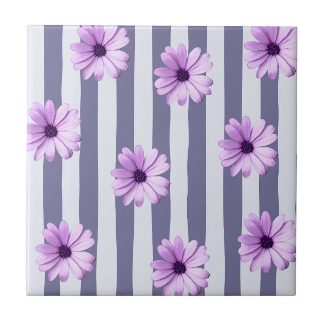 Striped Pattern with Purple Daisies Tile (Front)