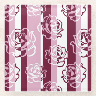 Striped pattern with roses glass coaster