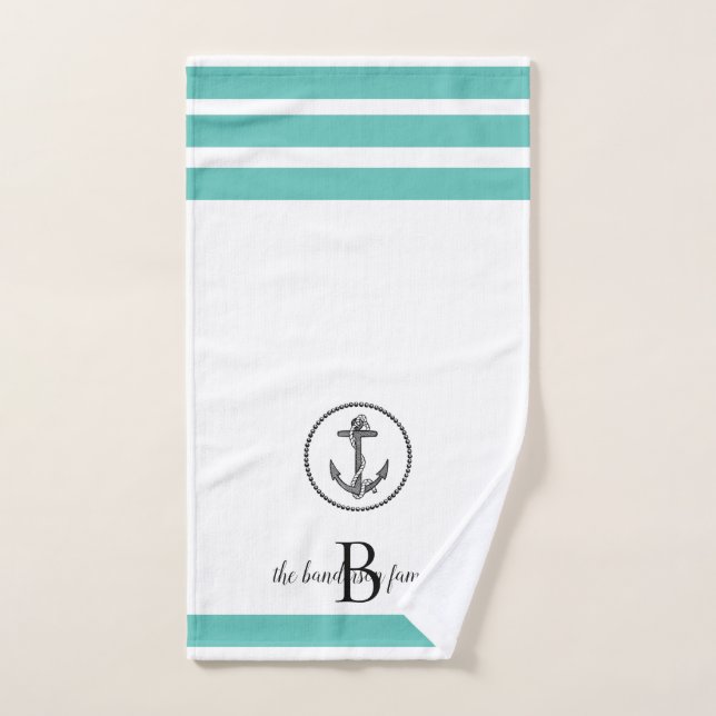 Striped Personalised Black Circled Anchor  Hand Towel (Hand Towel)
