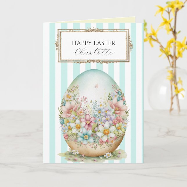 Striped Personalised Decorative Easter Egg  Card (Yellow Flower)