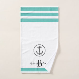 Striped Personalized Black Circled Anchor  Hand Towel