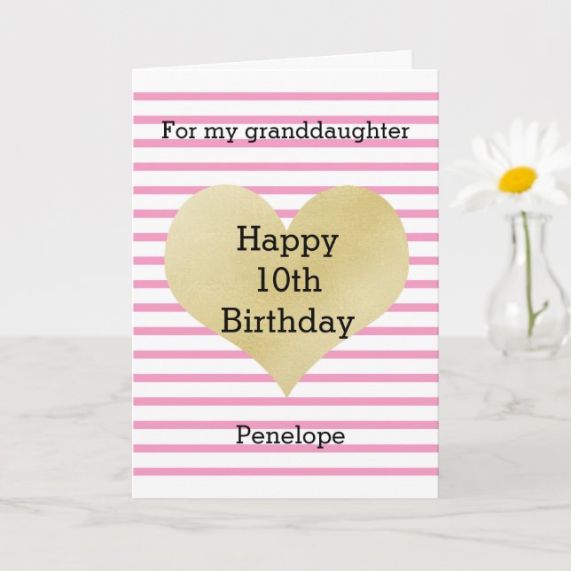 Striped Pink and Gold Heart 10th Birthday Card (Small Plant)