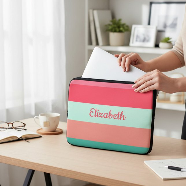 Striped Pink and Green Color Block Laptop Sleeve (Creator Uploaded)