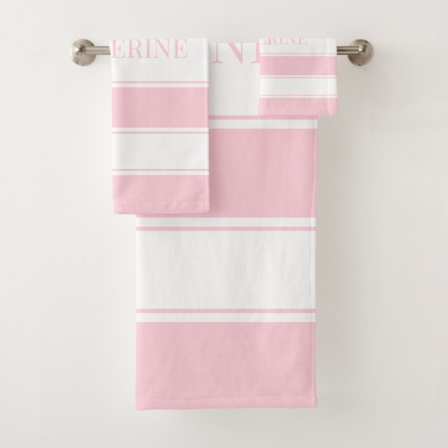 Striped Pink and White Personalised Bath Towel Set (Insitu)
