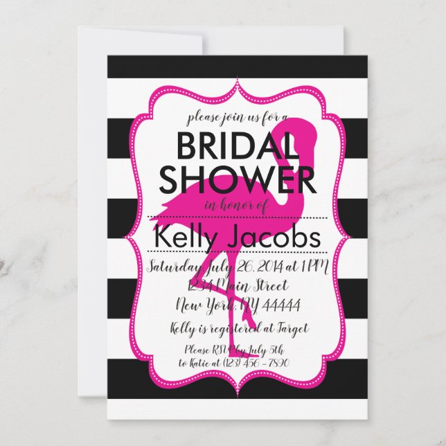Striped Pink Flamingo Bridal Shower Invitation (Front)