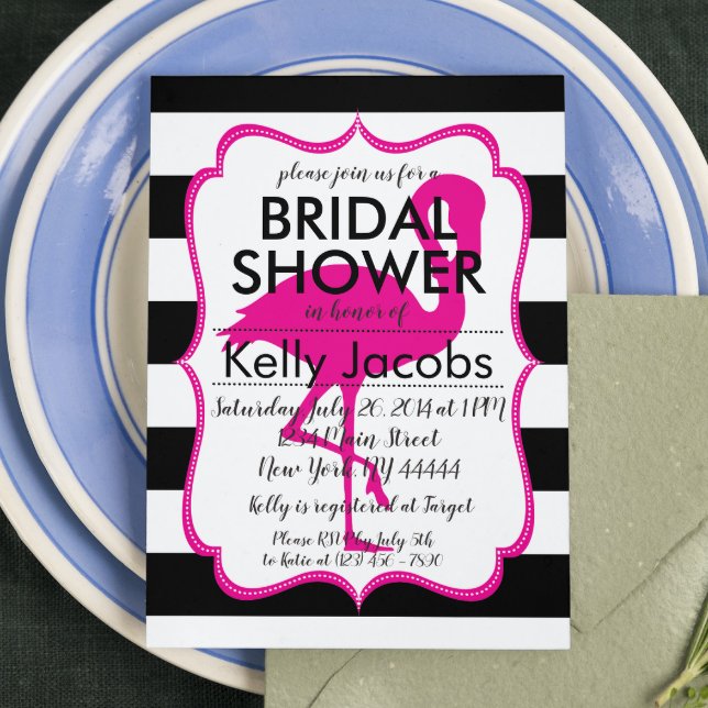 Striped Pink Flamingo Bridal Shower Invitation (Creator Uploaded)
