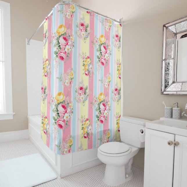 Striped Pink Floral Shower Curtain (In Situ)