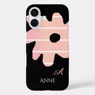 striped pink flower with name & initial iPhone 16 case
