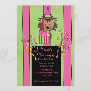 Striped Pink & Green Birthday Hedgehog Invitation