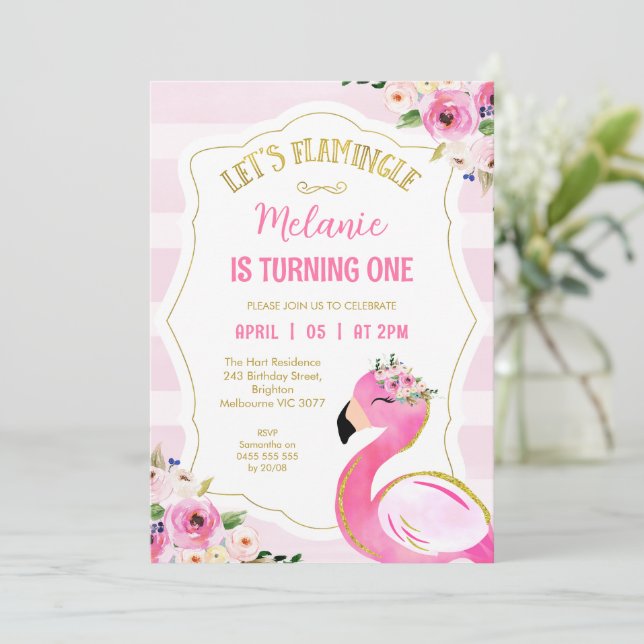 Striped Pink Let's Flamingle Flamingo Birthday  Invitation (Standing Front)