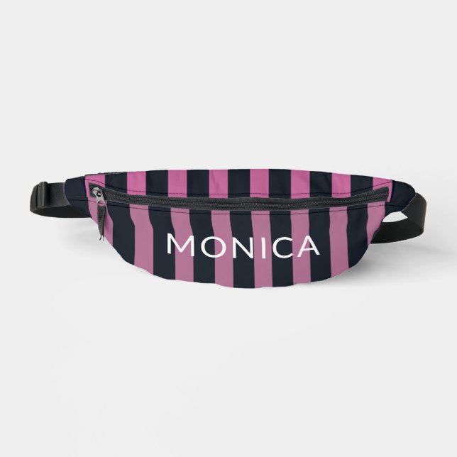 striped pink | navy custom name  bum bags (Front)
