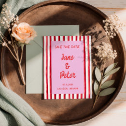 Striped Pink & Red Handwriting Save The Date