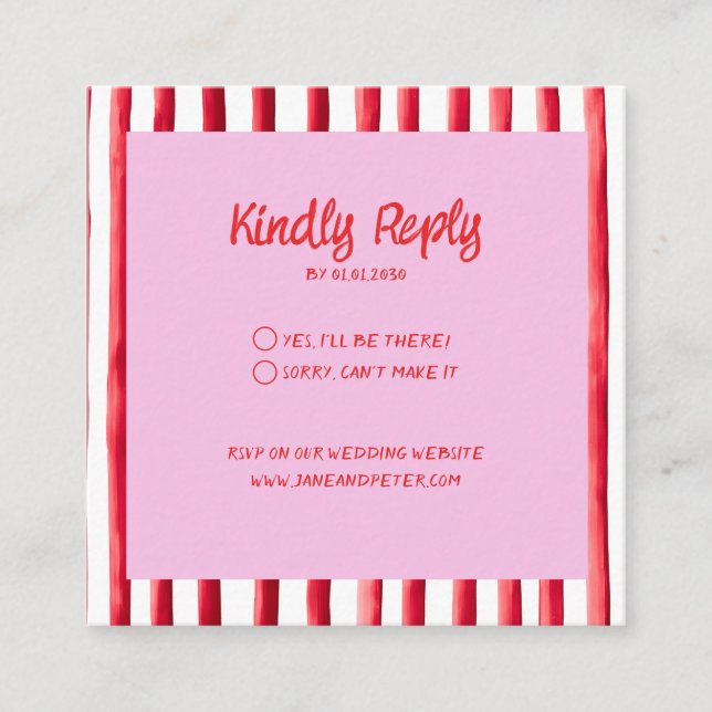 Striped Pink & Red Handwriting Wedding Enclosure Card (Front)