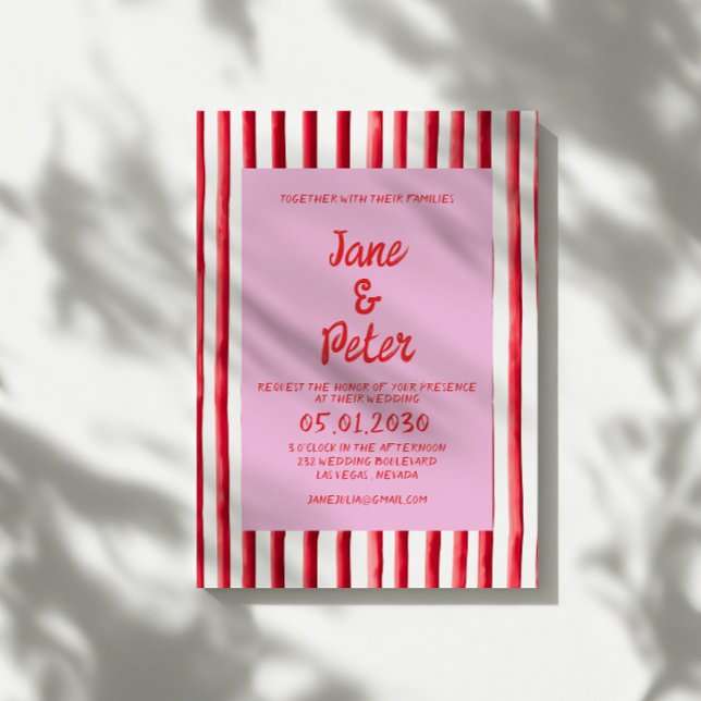 Striped Pink & Red Handwriting Wedding Invitation (Creator Uploaded)