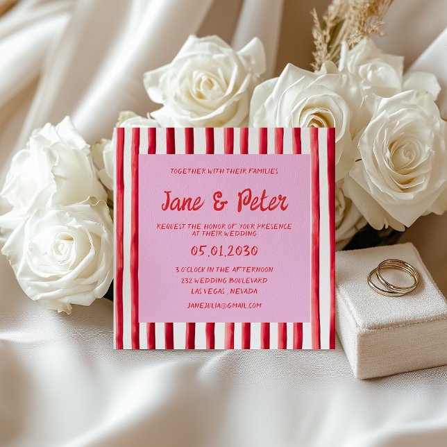 Striped Pink & Red Handwriting Wedding Invitation (Creator Uploaded)