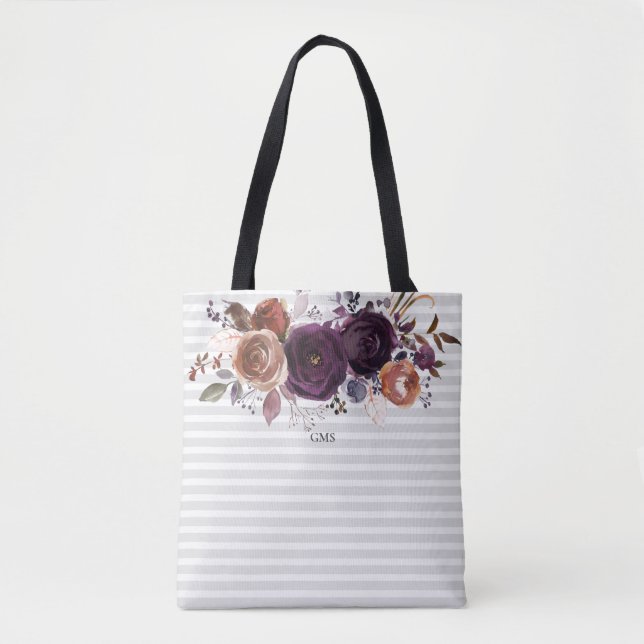 Striped Purple and Burgundy Floral Monogram Tote Bag (Front)