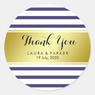 Striped Purple Gold  Foil Thank You Wedding Classic Round Sticker