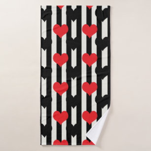 Striped Red Black Love Heart Pattern Design  Bath Towel