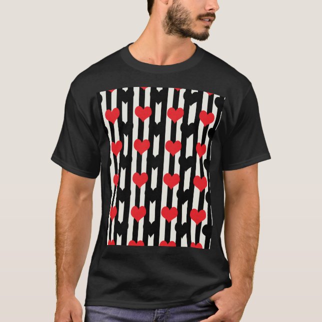 Striped Red Black Love Heart Pattern Design  T-Shirt (Front)