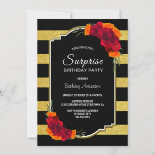 Striped Rose Floral Surprise Birthday Party Invitation