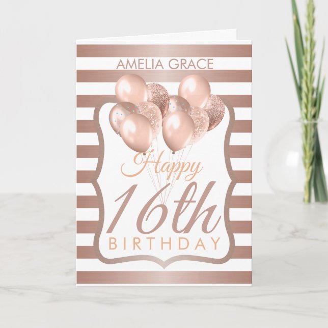 Striped Rose Gold Balloons 16th Birthday Card (Front)