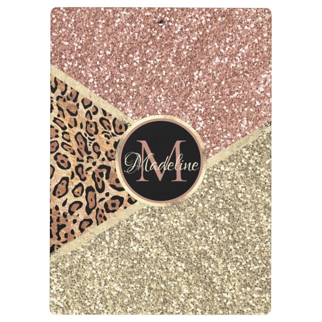 Striped Rose Gold Glitter Leopard Monogram Clipboard (Back)
