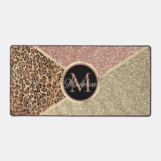 Striped Rose Gold Glitter Leopard Monogram Desk Mat (Front)