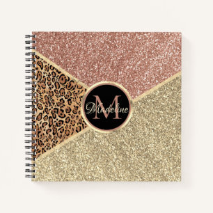 Striped Rose Gold Glitter Leopard Monogram Notebook