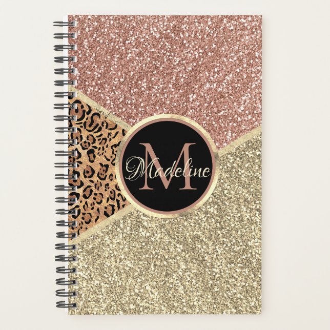 Striped Rose Gold Glitter Leopard Monogram Planner (Front)