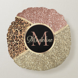 Striped Rose Gold Glitter Leopard Monogram Round Cushion