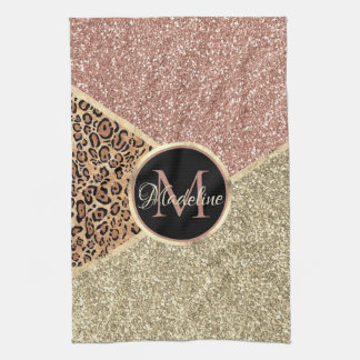 Striped Rose Gold Glitter Leopard Monogram Tea Towel