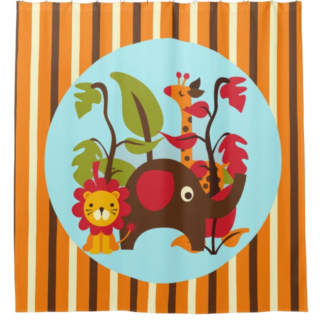 Striped Safari Wild Animals Giraffe Lion Elephant Shower Curtain (Front)