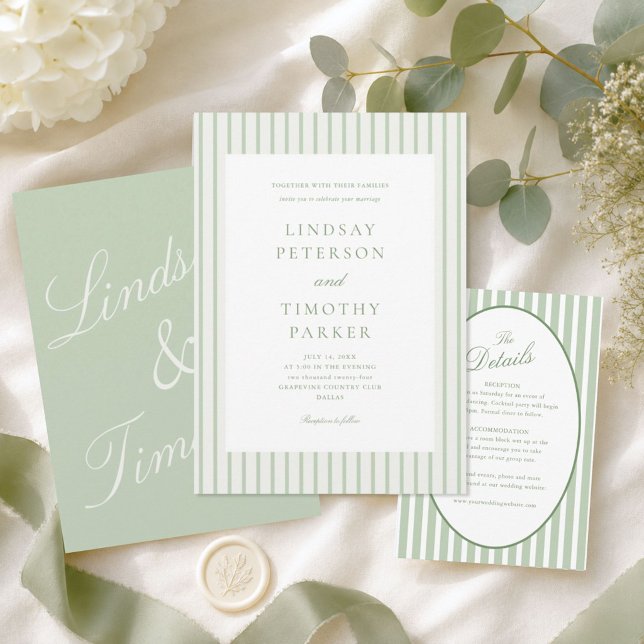 Striped Sage Green Summer Classic Wedding  Invitation (Creator Uploaded)