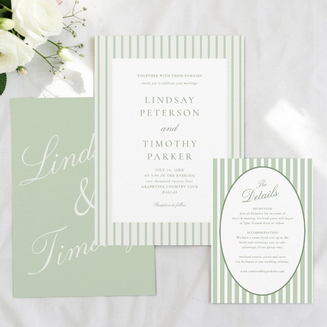 Striped Sage Green Summer Classic Wedding  Invitation (Creator Uploaded)