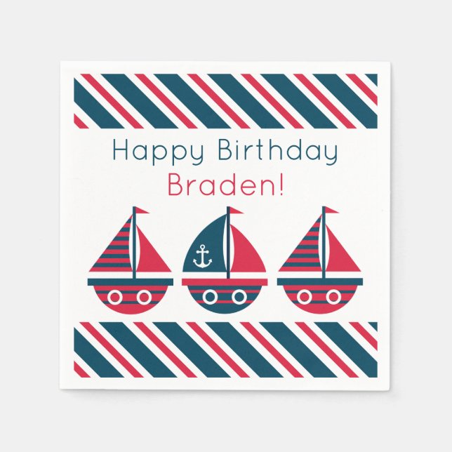 Striped Sailboats Personalised Party Napkins (Front)