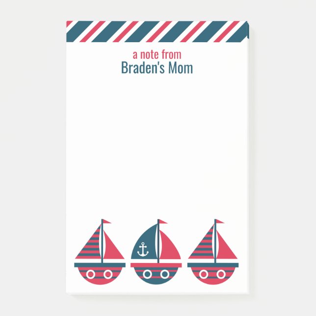 Striped Sailboats Personalised Post-it Notepad (Front)
