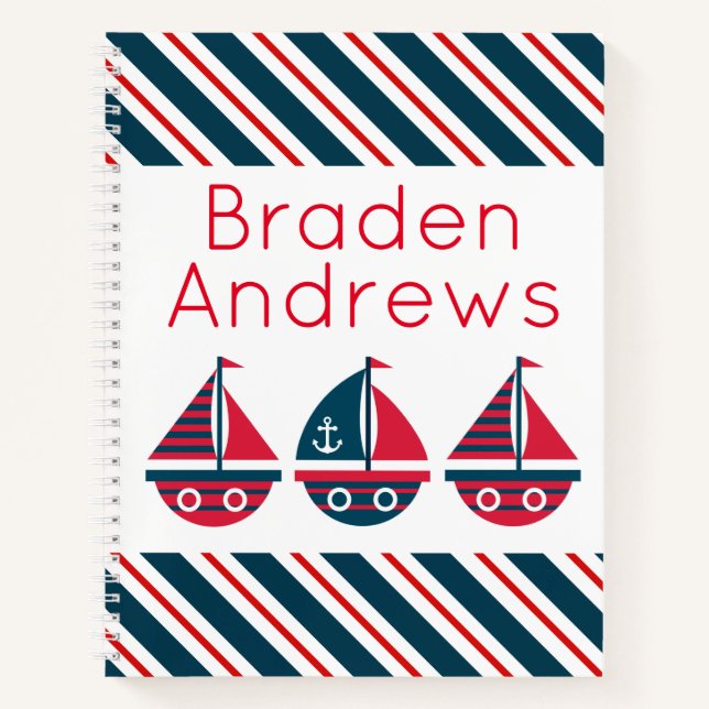 Striped Sailboats Personalised Spiral Notebook (Front)