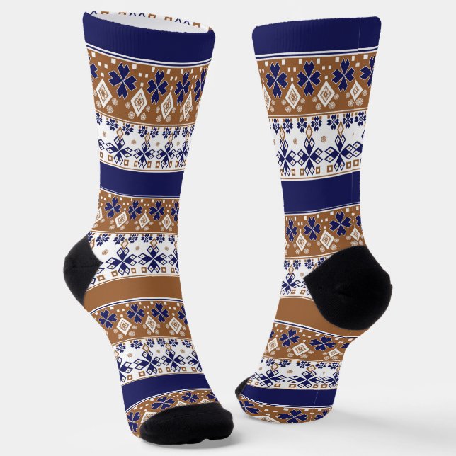 Striped scandinavian pattern brown blue socks (Angled)