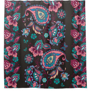Striped seamless pattern with paisley on black bac shower curtain
