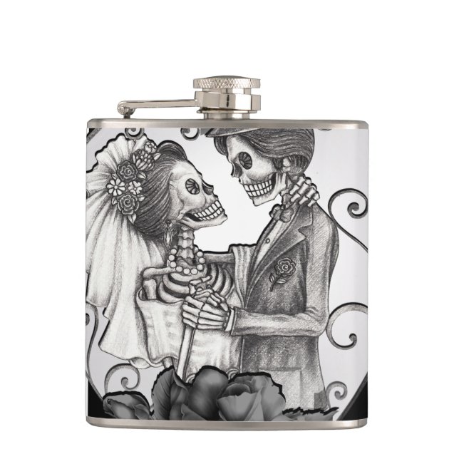 Striped Skeleton Love Couple Marriage Dance Hip Flask (Front)
