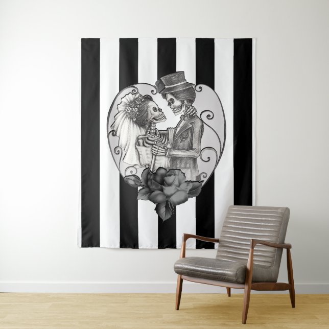Striped Skeleton Love Couple Marriage Dance Tapestry (In Situ)
