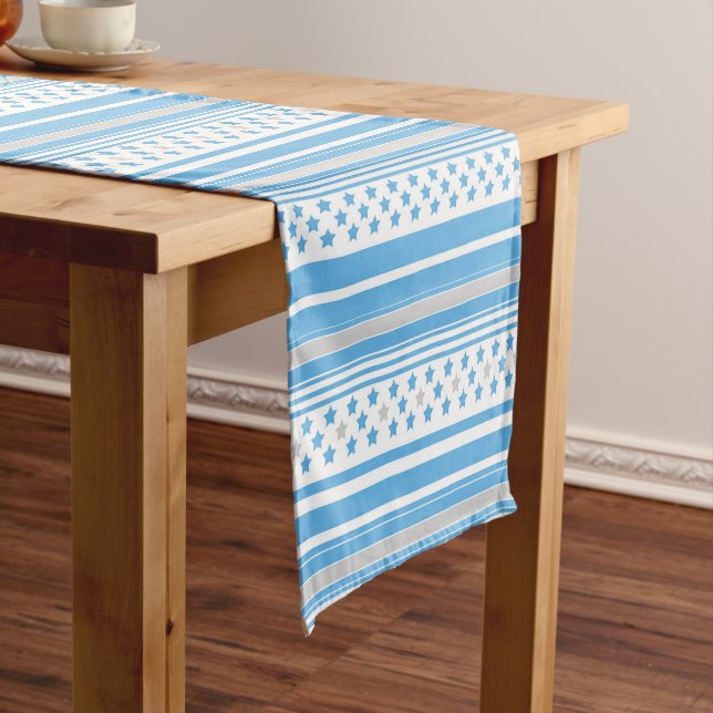 Striped sky blue pattern with stars short table runner (In Situ)