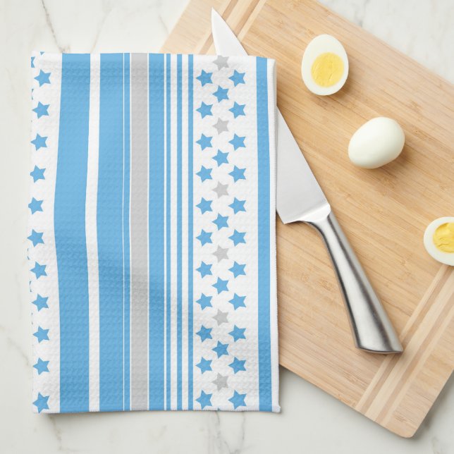 Striped sky blue pattern with stars tea towel (Quarter Fold)