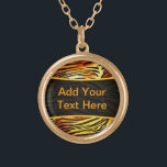 Striped Tiger Fur Print Pattern Personalised Gold Plated Necklace<br><div class="desc">This trendy necklace features a striped tiger print pattern with black animal stripes on a very bright orange, yellow and cream fur background. Bring out the wild cat in you with this cool feline design. It's the perfect bold, original look for animal lovers. Add your own text to the black...</div>