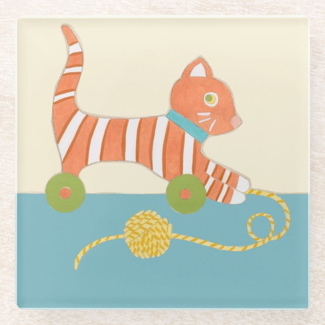 Striped Toy Cat with Ball of String Glass Coaster (Front)