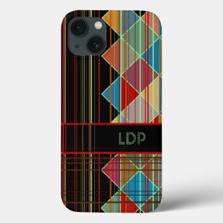 Striped Triangle Shapes with Initials on Black iPhone 13 Case